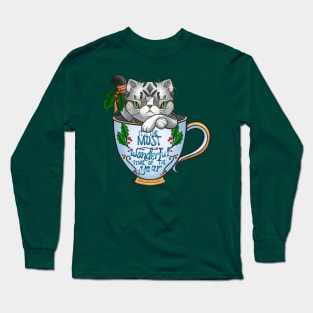 “It’s the Most Wonderful Time of the Year” Genki the silver tabby cat in a teacup for Christmas Long Sleeve T-Shirt